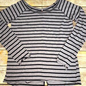 Poof Brand Grey and Black Striped Long Sleeve Round Neck Tee juniors L